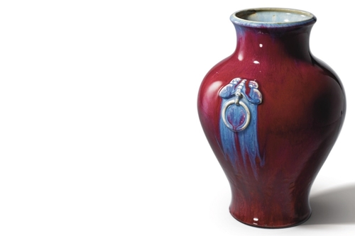 雍正年製款 辰砂釉不遊環双象耳花瓶　赤釉 花入 唐物 中国古玩　SX104 雍正年製款 辰砂釉不遊環双象耳花瓶 赤釉 花